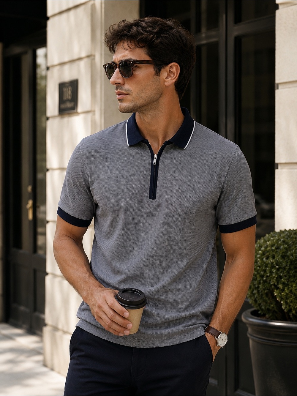 Hugo Boss Cotton Silk Quarter Zip Polo Gray Navy Designer Mens Shirt Small
